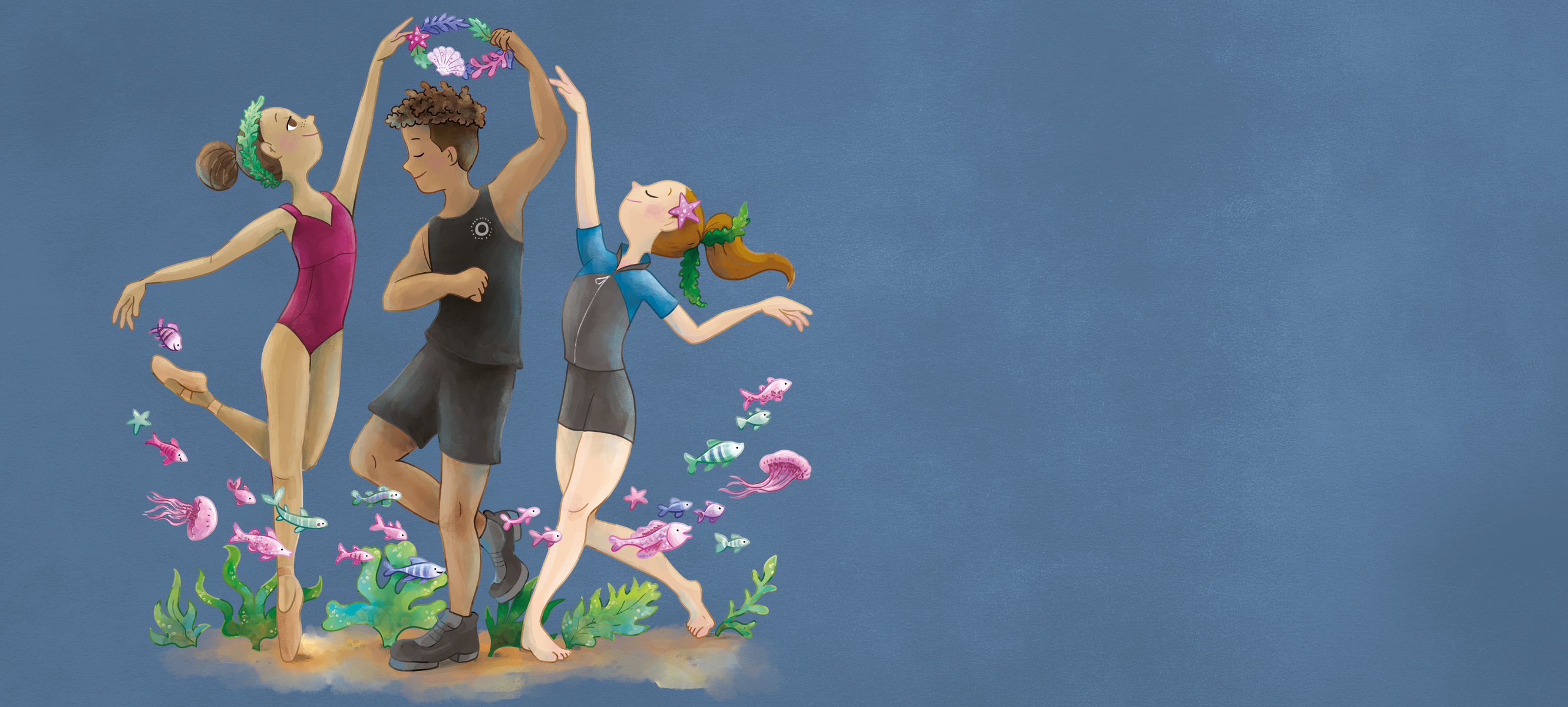 Illustration of three ISTD dancers with fish swimming around them