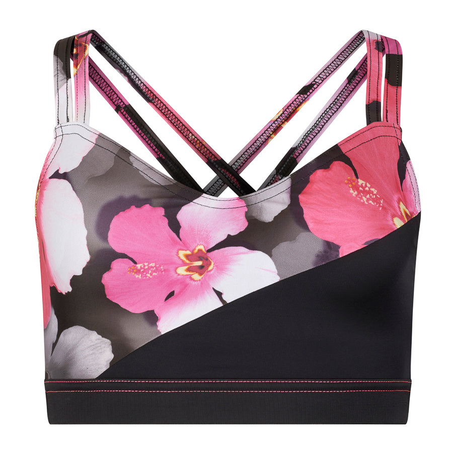 cloud floral print with black panels This stylish and popular dance bra is now available in our exclusive regenerated fabric!! Double layered front for additional support Two sets of fashionable cross over straps Snug midriff band keeps the top in place Made with sustainable and regenerated planet friendly fabrics π Edit alt text