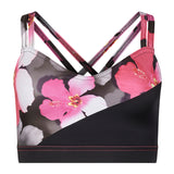 cloud floral print with black panels This stylish and popular dance bra is now available in our exclusive regenerated fabric!! Double layered front for additional support Two sets of fashionable cross over straps Snug midriff band keeps the top in place Made with sustainable and regenerated planet friendly fabrics 💕 Edit alt text