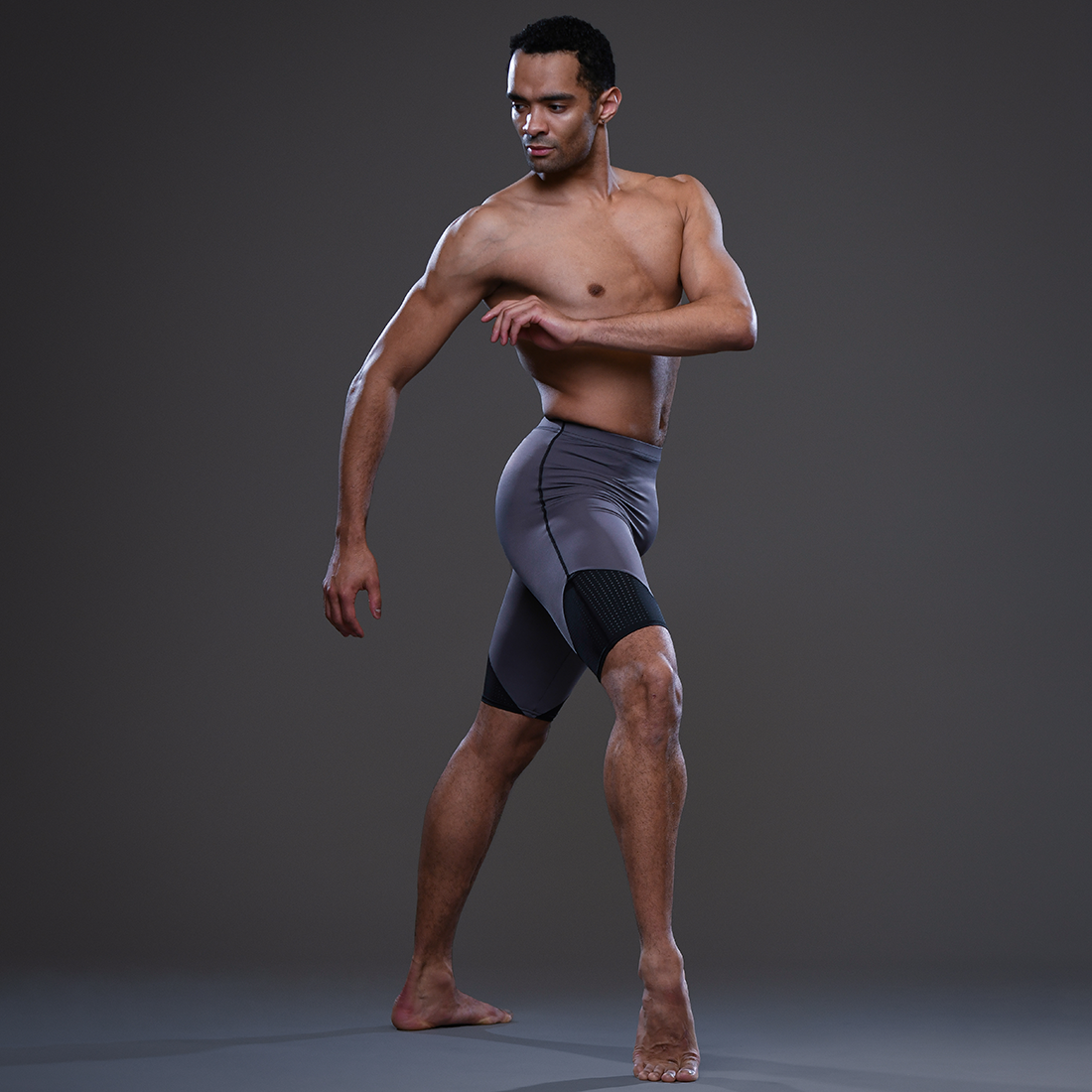 Brandon Lawrence Soloist Ballet Zurich wearing shorts designed by dansez