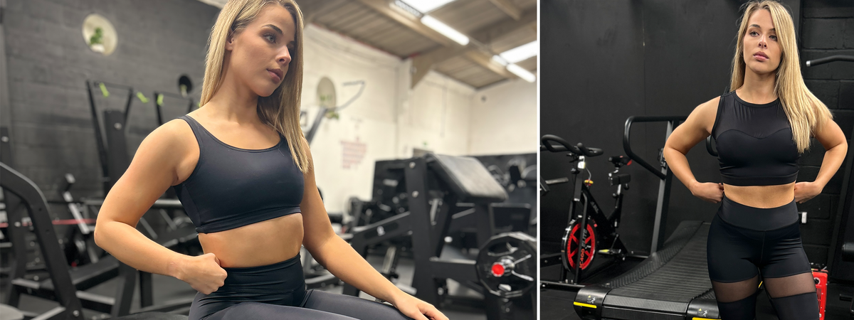 Photographs of Lauren wearing black crop tops and leggings in a gym