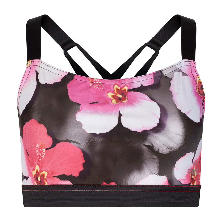 Cloud floral print with black straps Wide shoulder and multidirectional straps give this bra a powerful hold Double layered front for additional support and modesty Snug, wide midriff band keeps the bra in place throughout movement Made with sustainable and regenerated planet friendly fabrics 💕