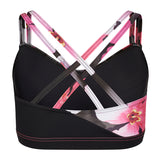 cloud floral print with black panels This stylish and popular dance bra is now available in our exclusive regenerated fabric!! Double layered front for additional support Two sets of fashionable cross over straps Snug midriff band keeps the top in place Made with sustainable and regenerated planet friendly fabrics 💕  Edit alt text