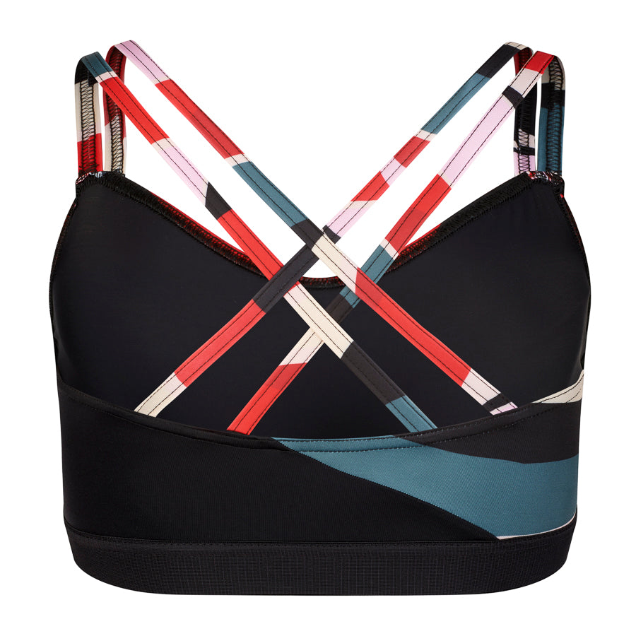 Exclusive print with black red and cream Panels This stylish dance top is really popular - fashionable and supportive! Double layered front for additional support Two straps come up over the shoulders and cross on the back Snug midriff band keeps the top in place Made with sustainable and regenerated planet friendly fabrics 💕