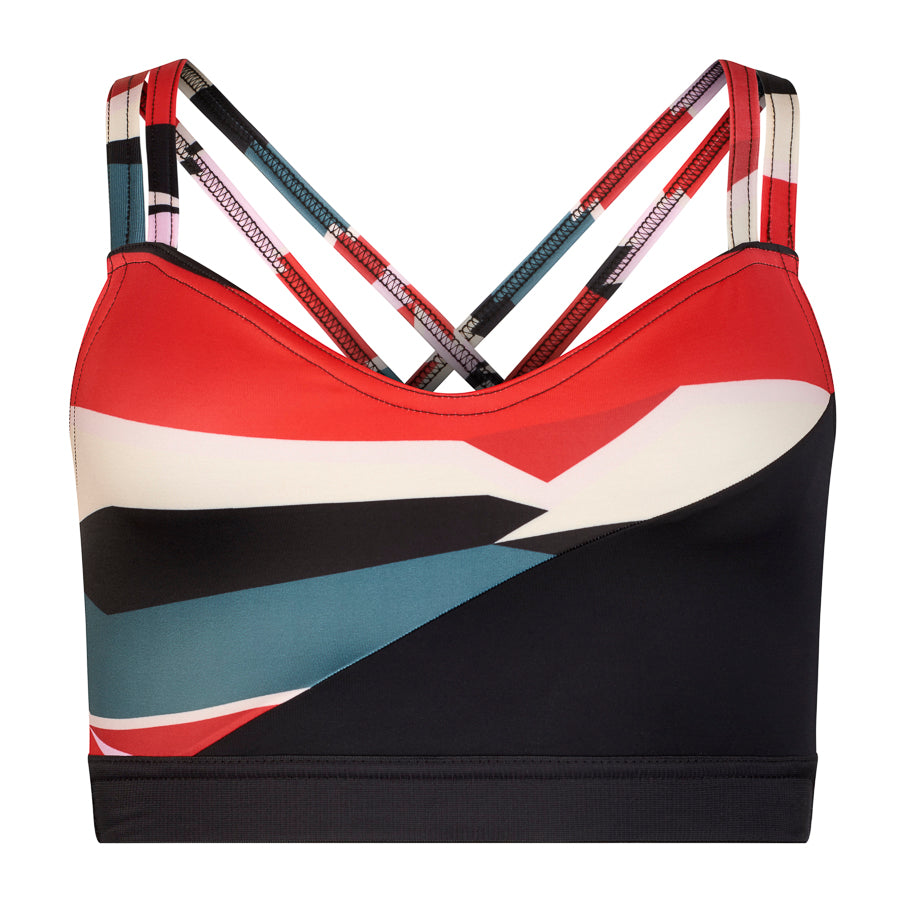 Exclusive print with black red and cream Panels This stylish dance top is really popular - fashionable and supportive!   Double layered front for additional support  Two straps come up over the shoulders and cross on the back  Snug midriff band keeps the top in place   Made with sustainable and regenerated planet friendly fabrics 💕