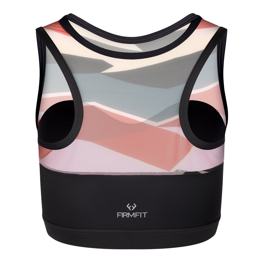 Sports top with black and exclusive geo print panels The ultra tight weave of our regenerated fabric means this top is not only stylish it's also supportive Shaped front section with sheer mesh from top of the bust section to neckline Double layer front section for modesty and additional support Mesh continues over the shoulder and into a racer back design 🌎 Made with sustainable planet friendly fabrics incorporating regenerated ocean waste 🌊