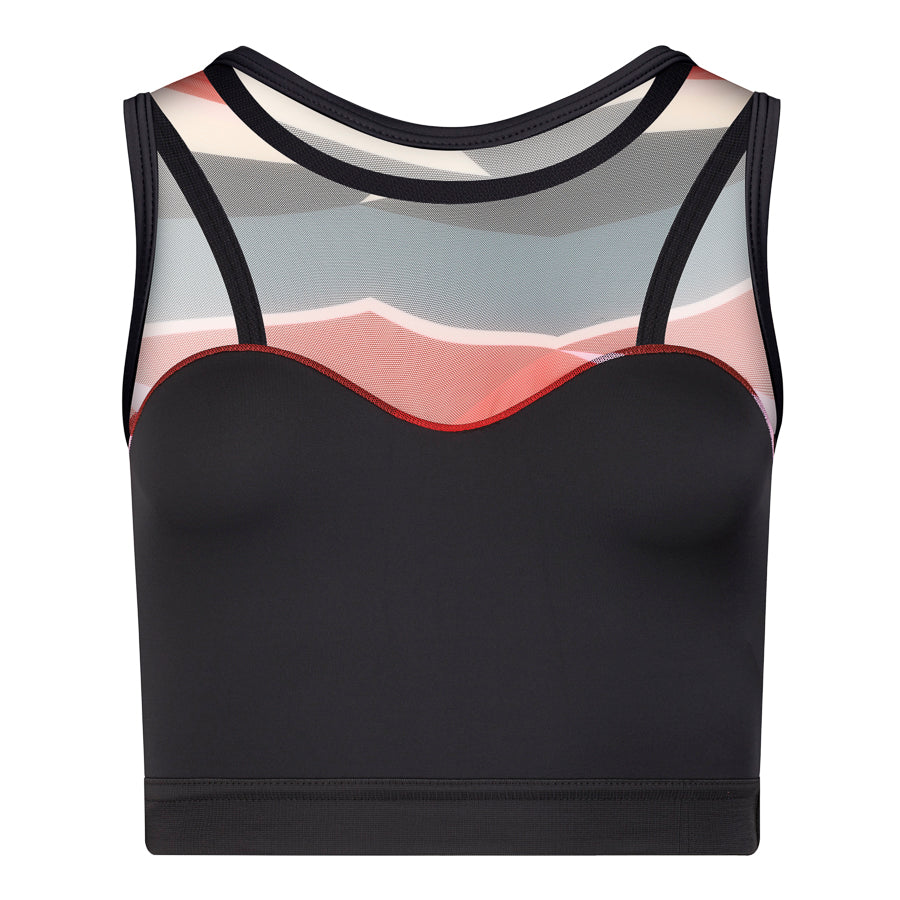 Sports top with black and exclusive geo print panels The ultra tight weave of our regenerated fabric means this top is not only stylish it's also supportive  Shaped front section with sheer mesh from top of the bust section to neckline  Double layer front section for modesty and additional support  Mesh continues over the shoulder and into a racer back design  🌎 Made with sustainable planet friendly fabrics incorporating regenerated ocean waste 🌊