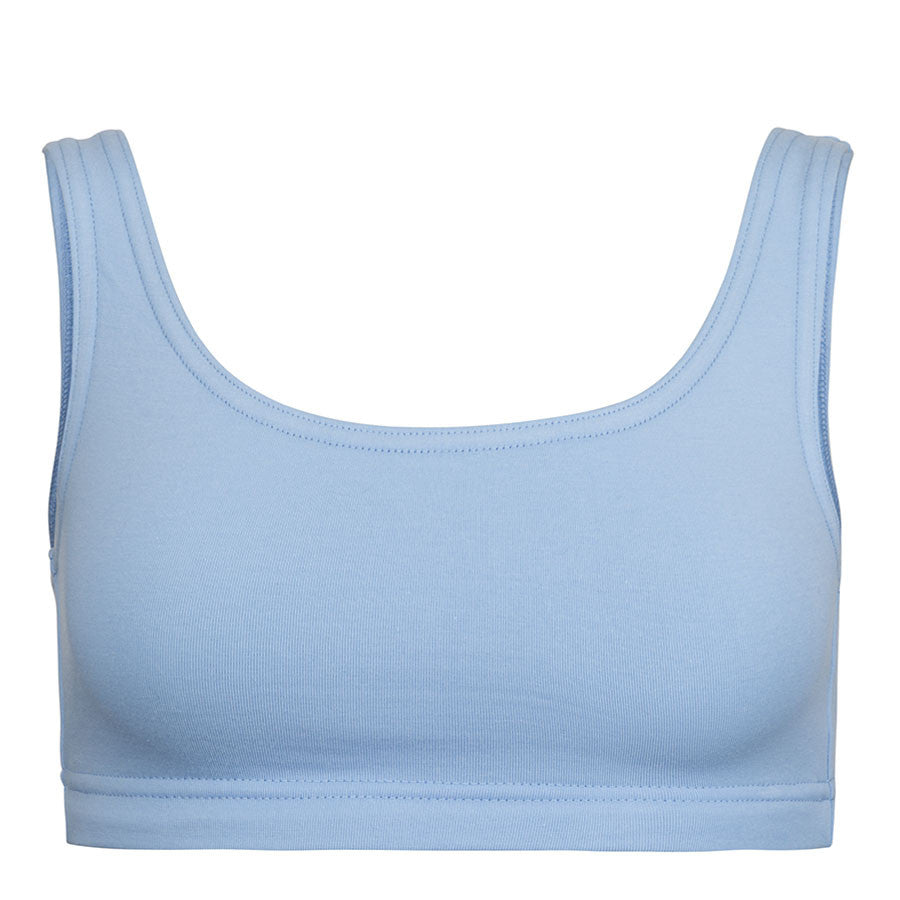 Minimal Bounce Bra in powder blue colour double layered compression fabric using a unique blend of Cotton/Poly/Lycra for a soft and luxurious feel  Designed for even pressure distribution with smooth reversed seams which dramatically increase comfort  levels  Supreme support of breasts’ Coopers Ligaments to reduce irreversible stretch and damage   Zero metal components associated with damage during prolonged impact movement  This product is highly recommended during the recovery period after breast surgery