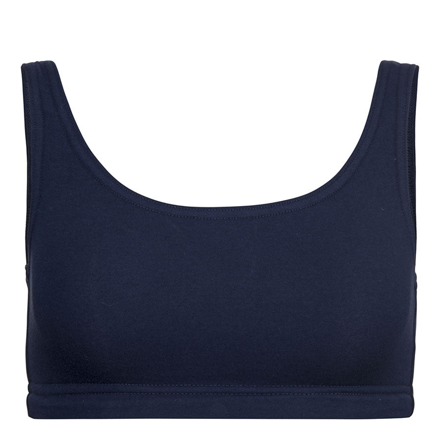Minimal Bounce Bra in navy colour double layered compression fabric using a unique blend of Cotton/Poly/Lycra for a soft and luxurious feel  Designed for even pressure distribution with smooth reversed seams which dramatically increase comfort  levels  Supreme support of breasts’ Coopers Ligaments to reduce irreversible stretch and damage   Zero metal components associated with damage during prolonged impact movement  This product is highly recommended during the recovery period after breast surgery