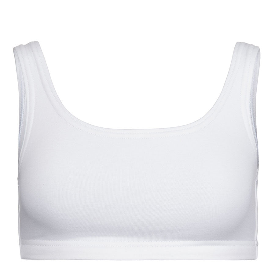 Minimal Bounce Bra in White double layered compression fabric using a unique blend of Cotton/Poly/Lycra for a soft and luxurious feel  Designed for even pressure distribution with smooth reversed seams which dramatically increase comfort  levels  Supreme support of breasts’ Coopers Ligaments to reduce irreversible stretch and damage   Zero metal components associated with damage during prolonged impact movement