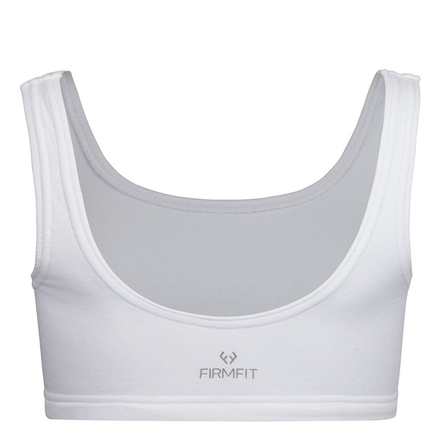 Minimal Bounce Bra in White double layered compression fabric using a unique blend of Cotton/Poly/Lycra for a soft and luxurious feel  Designed for even pressure distribution with smooth reversed seams which dramatically increase comfort  levels  Supreme support of breasts’ Coopers Ligaments to reduce irreversible stretch and damage   Zero metal components associated with damage during prolonged impact movement