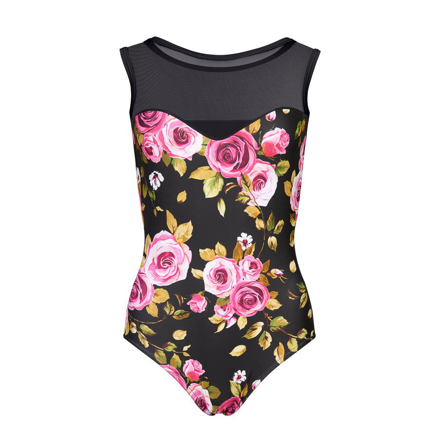 Rose Print Boatneck Mesh Leotard