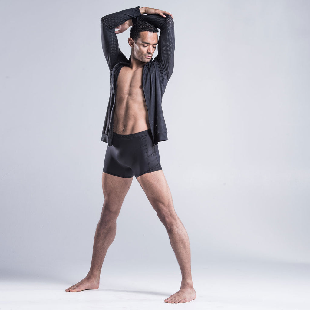 Black zipper front jacket designed by Brandon Lawrence Birmingham Royal Ballet with regenerated fabrics by Enconyl