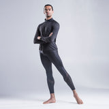 Brandon Lawrence mens collection wearing  Black leggings in sustainable fabric by Econyl. Also wearing black zip front jacket