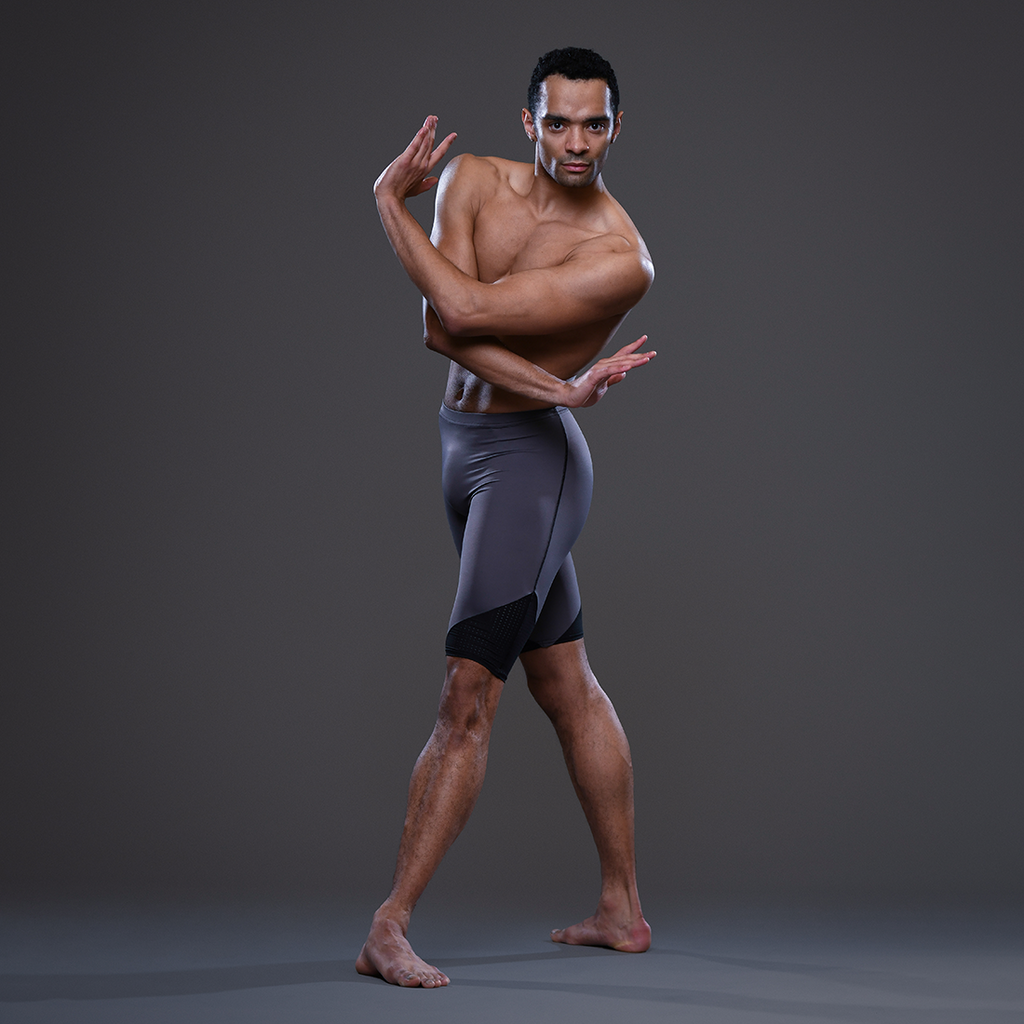 Brandon Lawrence Soloist Ballet Zurich wearing shorts designed by dansez 